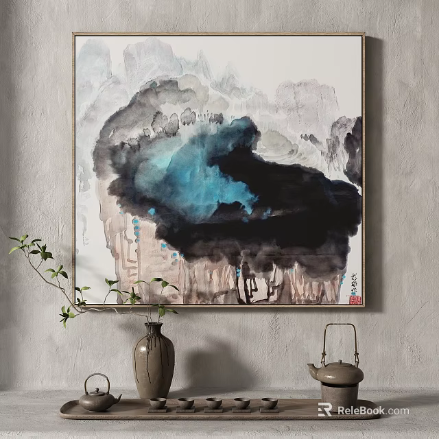 Abstract Painting In Blue Black Ink Style With Cloud Like Patterns Hanging On Wall 3d model 