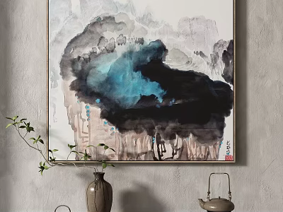 Abstract Painting In Blue Black Ink Style With Cloud Like Patterns Hanging On Wall 3d model