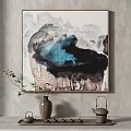 Abstract Painting In Blue Black Ink Style With Cloud Like Patterns Hanging On Wall