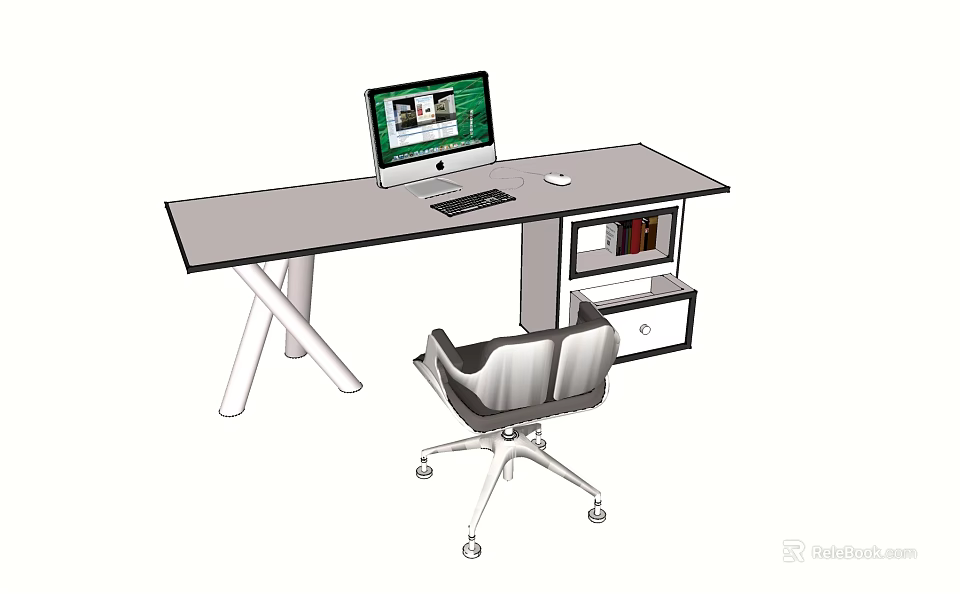 Modern Office Desk With Computer Monitor Keyboard Mouse Drawer Cabinet And Chair 3d model 