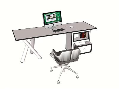 Modern Office Desk With Computer Monitor Keyboard Mouse Drawer Cabinet And Chair 3d model
