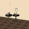 Vintage Round Tables With Metal Bases And Decorative Clock Lamp Sculpture On Wooden Floor