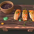 Fresh Salmon Sushi Pieces On Wooden Bento Tray With Soy Sauce And Green Sauce
