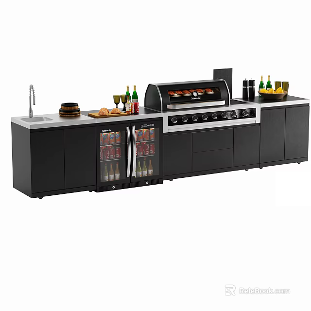 Modern Outdoor Kitchen Station With Grill Refrigerator Sink Wine Glasses Bottles And Fruits 3d model 