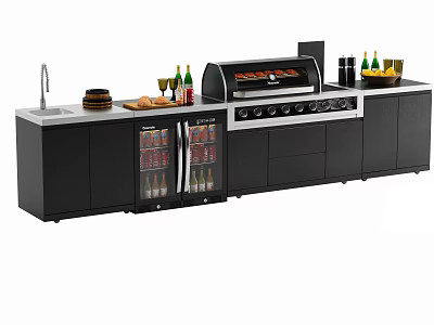 Modern Outdoor Kitchen Station With Grill Refrigerator Sink Wine Glasses Bottles And Fruits 3d model
