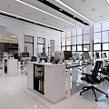 Modern Public Office Space With Large Windows Desks Computers And Black Chairs