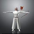Fantasy Character In White Outfit With Red Devil Mask Bow Arrow Arms Outstretched