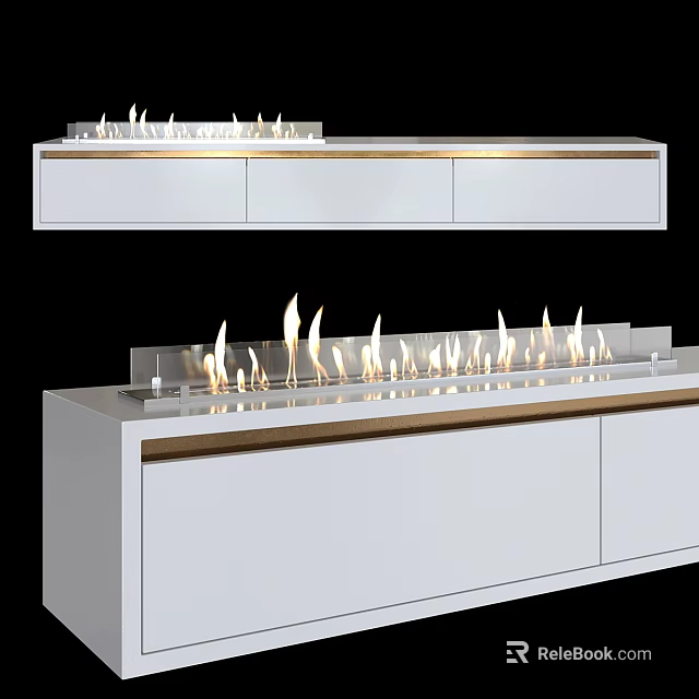 Modern Fireplace With White Cabinetry Gold Accents And Burning Flames 3d model 