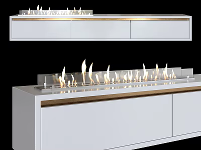 Modern Fireplace With White Cabinetry Gold Accents And Burning Flames 3d model