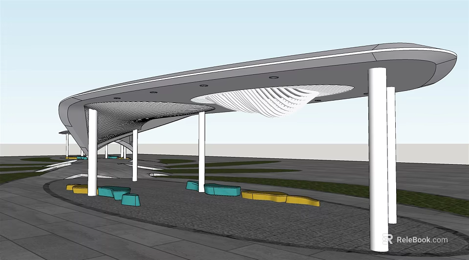 Modern Outdoor Pavilion With Curved White Canopy Supporting Columns And Colorful Seats 3d model 