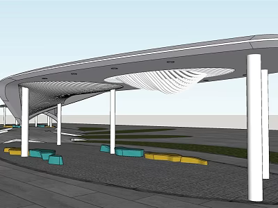 Modern Outdoor Pavilion With Curved White Canopy Supporting Columns And Colorful Seats 3d model