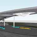 Modern Outdoor Pavilion With Curved White Canopy Supporting Columns And Colorful Seats