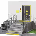 Accessible Building Entrance With Wheelchair Ramp Stairs Handrails And Sign