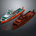 Rusty Old Wooden Boat Alongside Modern Orange White Vessel With Green Deck