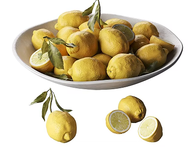 White Ceramic Bowl Filled With Fresh Lemons Lemon Leaves And Sliced Lemons Around 3d model