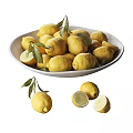 White Ceramic Bowl Filled With Fresh Lemons Lemon Leaves And Sliced Lemons Around