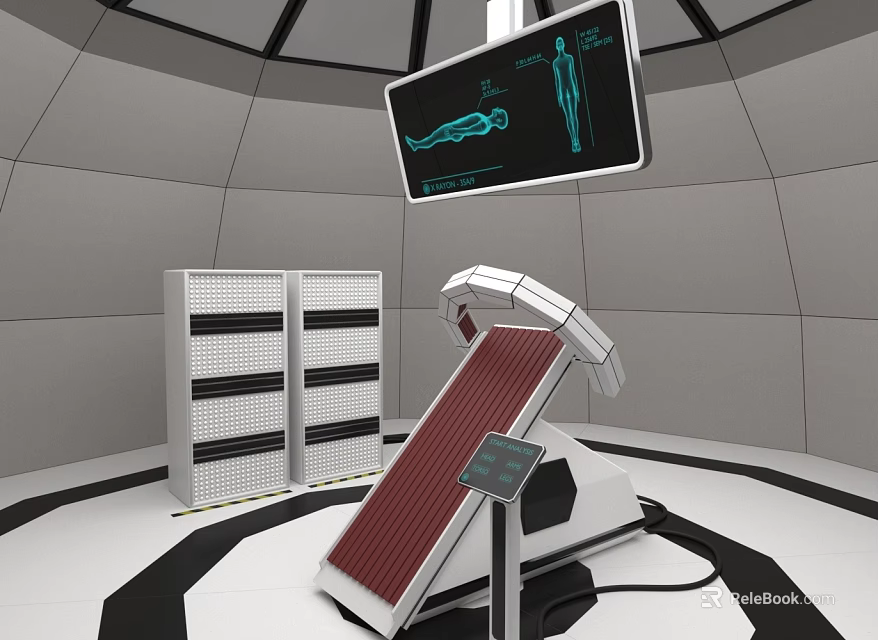 Futuristic Detection Equipment With Display Screen And Scanner In Circular Room 3d model 