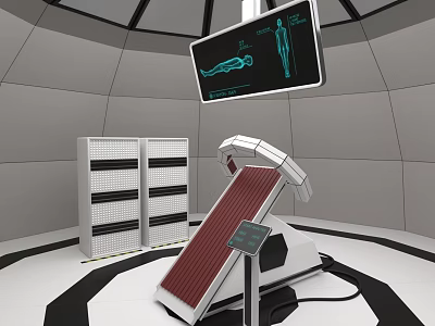 Futuristic Detection Equipment With Display Screen And Scanner In Circular Room 3d model