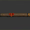Brown Cigar With Red And Gold Label Featuring Emblem And Burning End On Gray Background