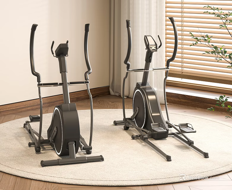 Two Elliptical Machines as Sports Equipment in Carpeted Room with Window and Plant 3d model 