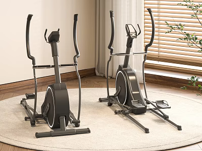 Two Elliptical Machines as Sports Equipment in Carpeted Room with Window and Plant 3d model