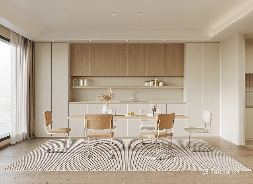 Modern Dining Room Interior With Wooden Cabinets White Table Chairs And Rug 3d model 
