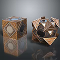 Two Metallic Geometric Sculptures With Copper Finish Ornate Polygonal Designs And Reflective Surfaces