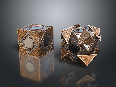 Two Metallic Geometric Sculptures With Copper Finish Ornate Polygonal Designs And Reflective Surfaces 3d model