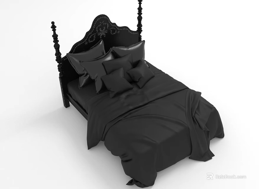 Elegant Black Double Bed With Carved Headboard And Black Pillows Bedding 3d model 