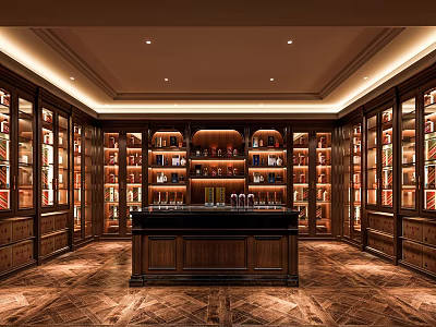 Elegant Wine Cellar Interior With Wooden Racks Central Bar And Displayed Bottles 3d model