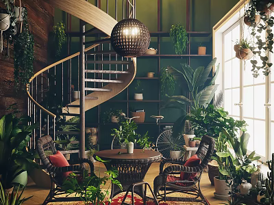 Lounge Room Interior with Spiral Staircase Green Walls Lush Plants and Wicker Furniture 3d model