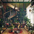 Lounge Room Interior with Spiral Staircase Green Walls Lush Plants and Wicker Furniture