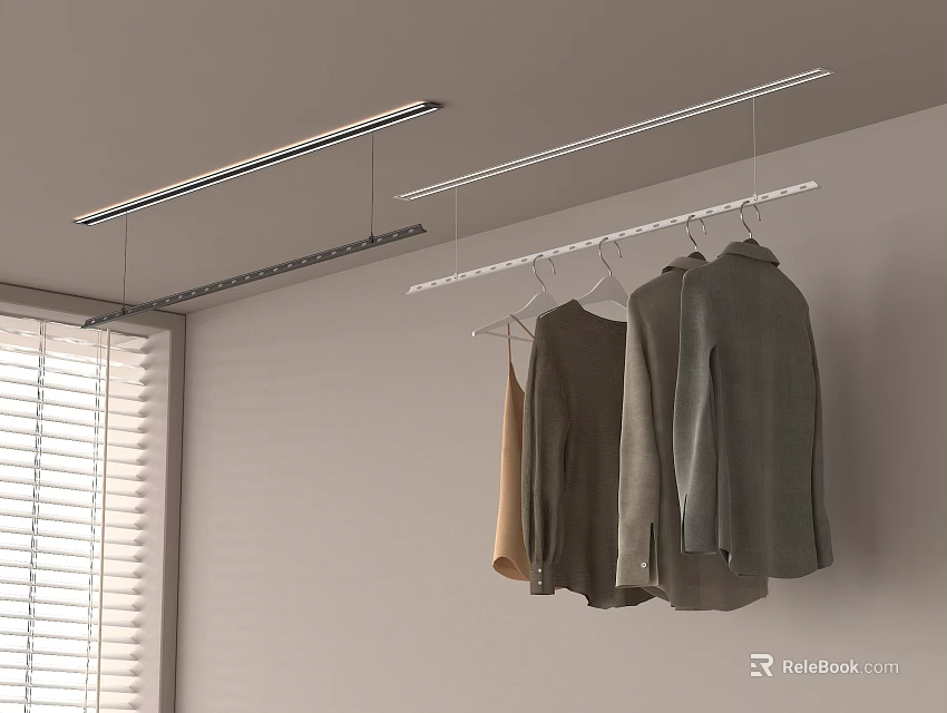 Modern Closet Interior With Hanging Clothes Rail LED Lighting And Blinds 3d model