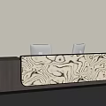 Modern Office Reception Desk With Wood Grain Design And Two Computer Monitors 3d model