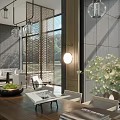 Modern Luxury Sales Office Interior Design With Large Windows Blinds Pendant Lights And Green Plants
