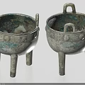 Two Traditional Ceramic Vessels With Three Legs Handles And Decorative Patterns Design