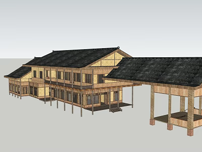 Traditional Two Story Wooden House With Black Tile Roof And Wooden Column Porch 3d model