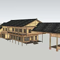 Traditional Two Story Wooden House With Black Tile Roof And Wooden Column Porch