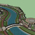 Garden Landscape Design With Arch Bridge Water Railing And Lampposts