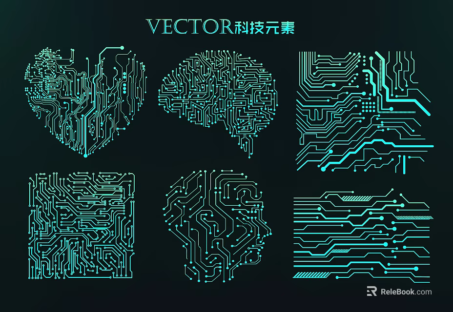 Tech Style Circuit Board Wall Decor with Vector Art Geometric Shapes Turquoise Tones Black Background 3d model 
