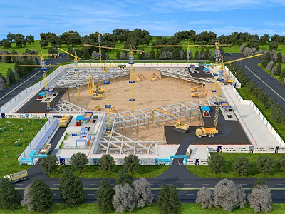 Active Construction Site With Cranes Steel Framework Vehicles Green Trees Under Sky 3d model