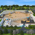 Active Construction Site With Cranes Steel Framework Vehicles Green Trees Under Sky 3d model
