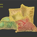 Colorful Decorative Pillows Stacked With Blue Pink Orange Gold Patterns And Solid Designs