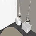 White Bathroom Accessories With Mop Sink Wash Basin And Cleaning Tools On Gray Tiled Floor