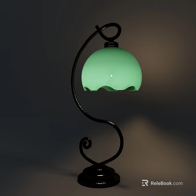 Green Glass Table Lamp With Curved Black Metal Stand And Wavy Edge Shade 3d model 