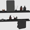 Organized Bathroom Accessories On Wall Mounted Black Shelves With Mirror Soap Dispenser Candle And Towel
