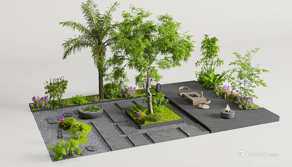 Courtyard Garden Design With Palm Tree Greenery Stone Paths Fire Pit And Purple Flowers 3d model 