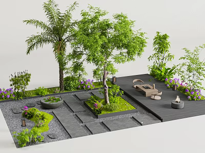 Courtyard Garden Design With Palm Tree Greenery Stone Paths Fire Pit And Purple Flowers 3d model