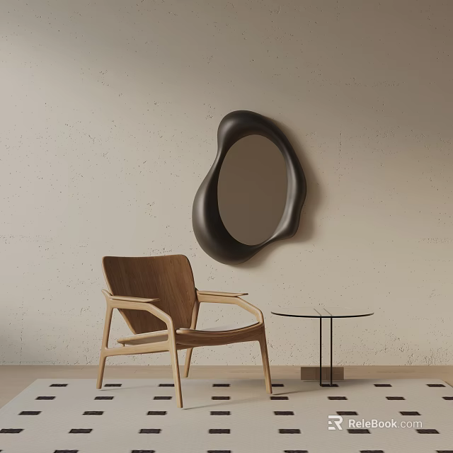 Wooden Accent Chair with Armrests and Small Round Table by Black Irregular Mirror on Light Wall 3d model 