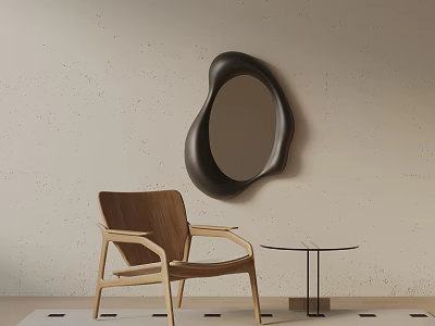 Wooden Accent Chair with Armrests and Small Round Table by Black Irregular Mirror on Light Wall 3d model